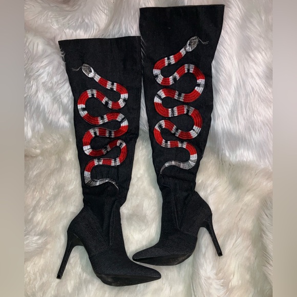 CAPE ROBBIN BLACK DENIM SNAKE THIGH-HIGH BOOTS! - Picture 8 of 15